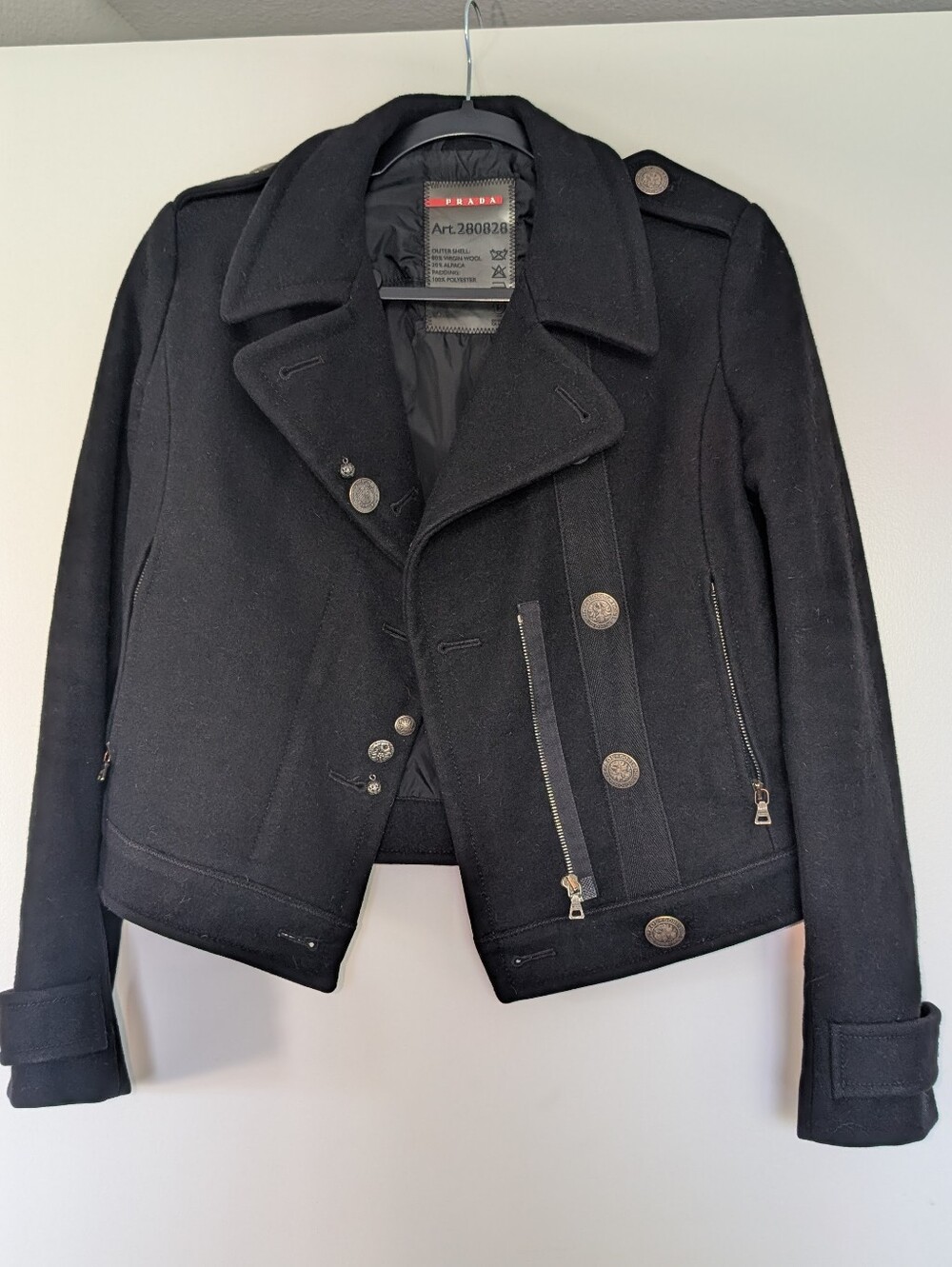 PRADA Milano Black Wool Alpaca Cropped Moto Military Jacket Art 280828 Tg 38 US - Picture 2 of 11